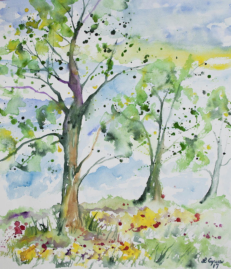 Watercolor - Spring Trees and Meadow Painting by Cascade Colors