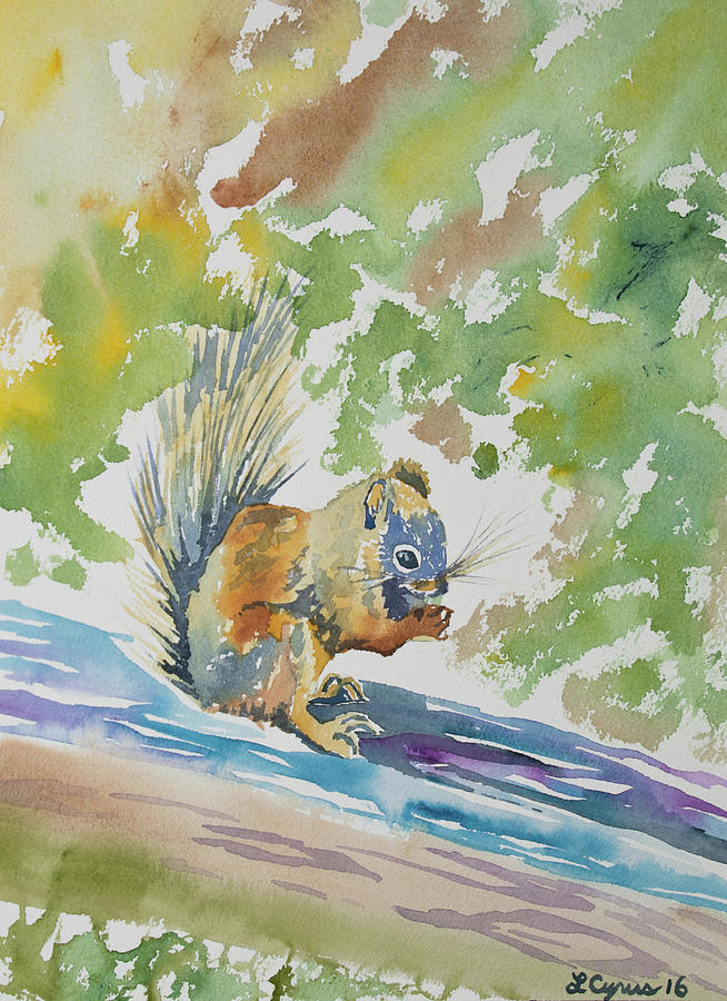 Watercolor - Squirrel Having a Meal Painting by Cascade Colors