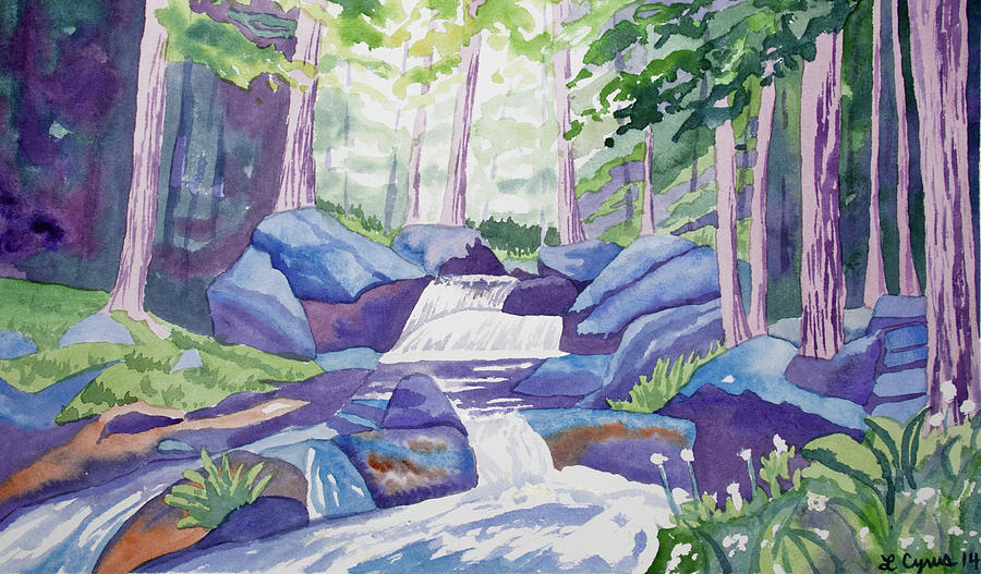 Watercolor - Summer Mountain Forest and Stream Painting by Cascade Colors