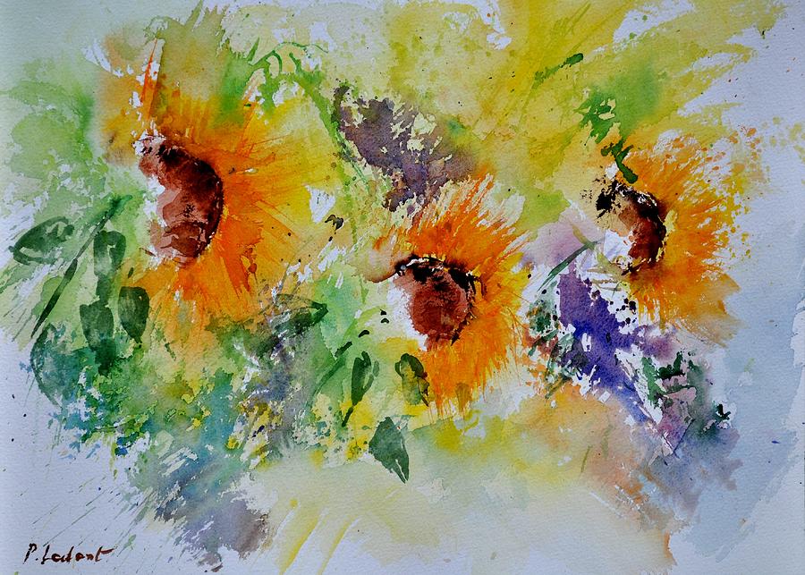 Watercolor Sunflowers Painting by Pol Ledent