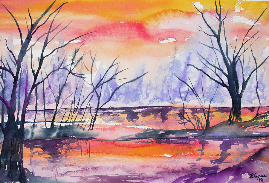 Watercolor - Sunrise at the Pond Painting by Cascade Colors