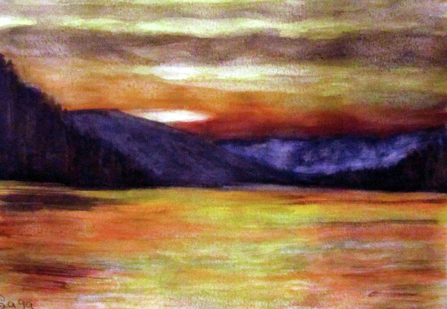 Watercolor drawing of landscape with sunset over Vector Image