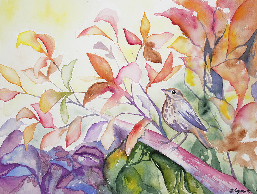 Watercolor - Thrush with Autumn Leaves Painting by Cascade Colors