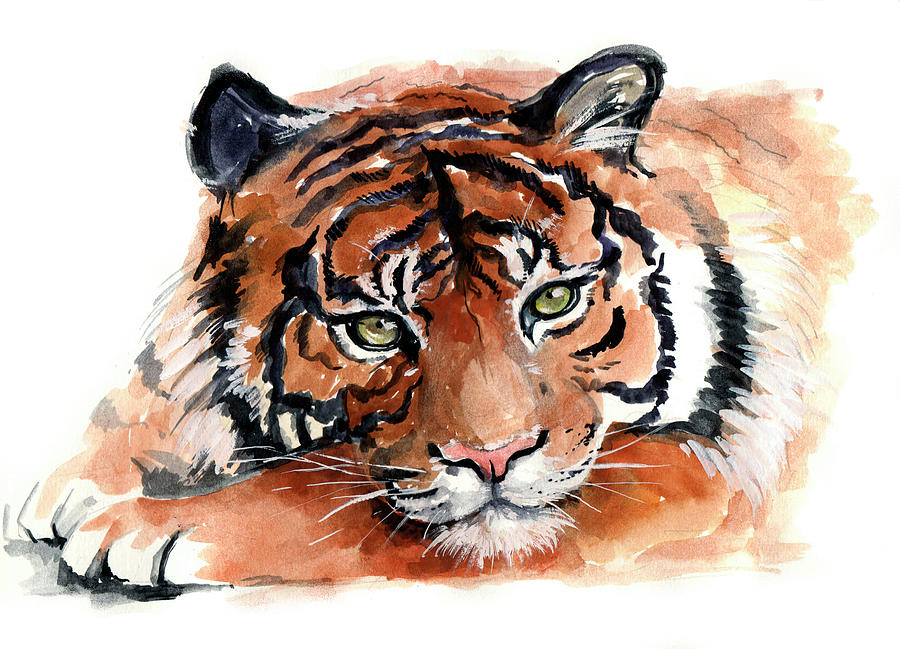 Watercolor tiger Painting by Tatyana Komtsyan
