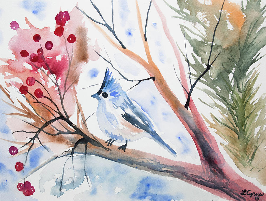 Titmouse Painting - Watercolor - Tufted Titmouse with Winter Berries by Cascade Colors