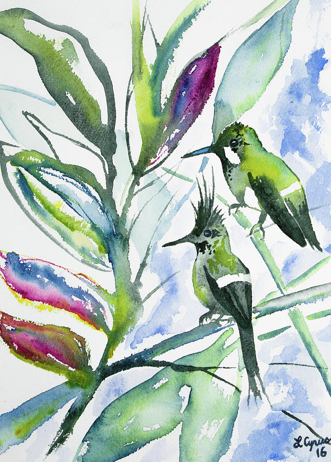 Watercolor - Two Together - Wire-crested Thorntail Pair Painting by Cascade Colors