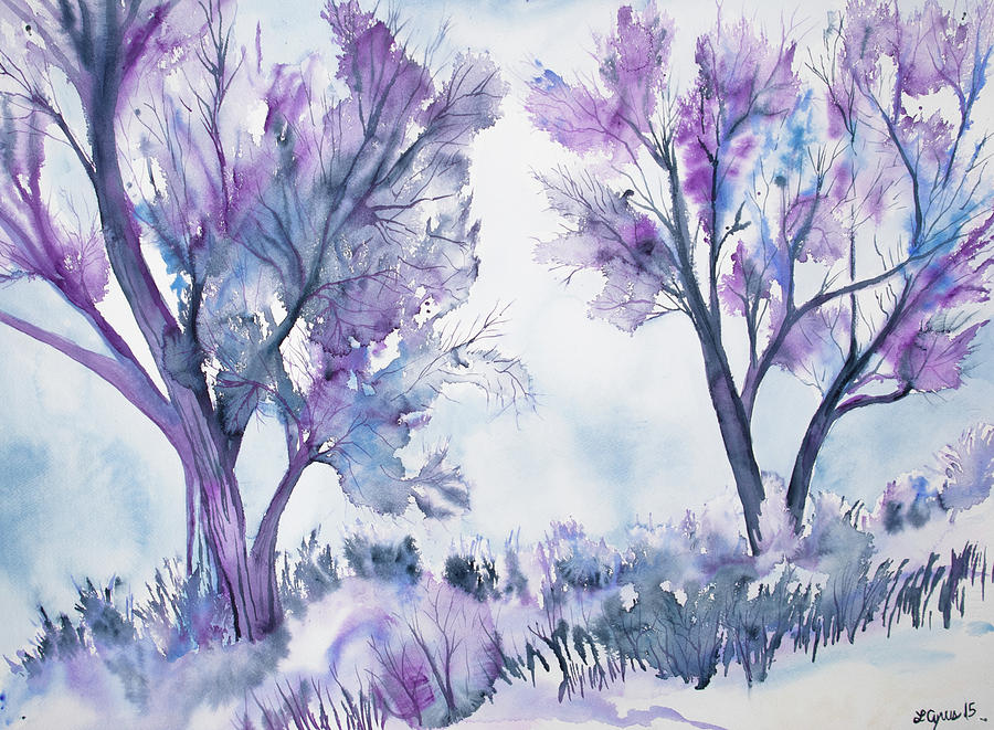 Tree Painting - Watercolor - Two Trees in Wintry Landscape by Cascade Colors