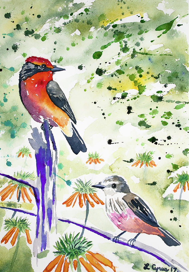 Watercolor - Vermilion Flycatcher Pair in Quito Painting by Cascade Colors