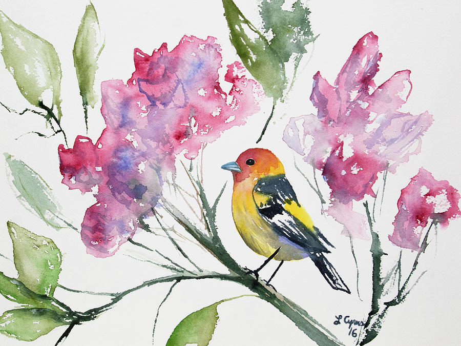 Watercolor - Western Tanager in a Flowering Tree Painting by Cascade Colors