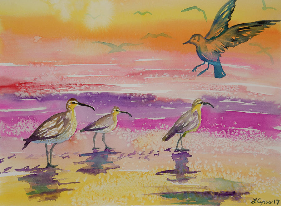 Watercolor - Whimbrel and Gulls at Sunset Painting by Cascade Colors