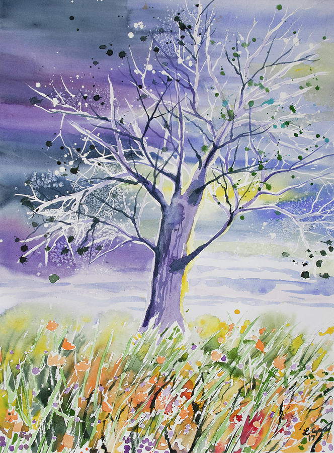 Watercolor - Whimsical Tree and Meadow Painting by Cascade Colors