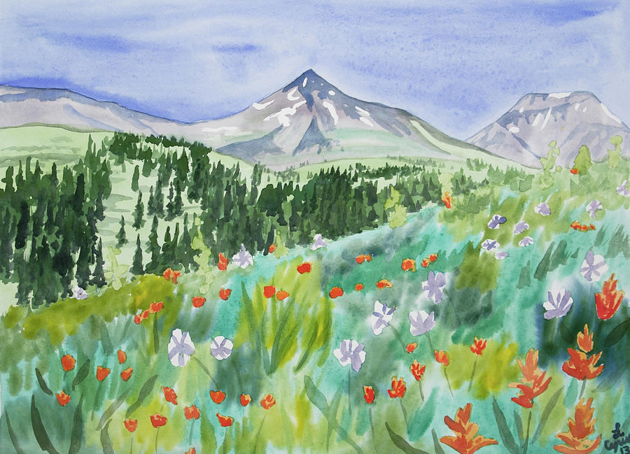 Watercolor - Wildflowers and Mountain Painting by Cascade Colors