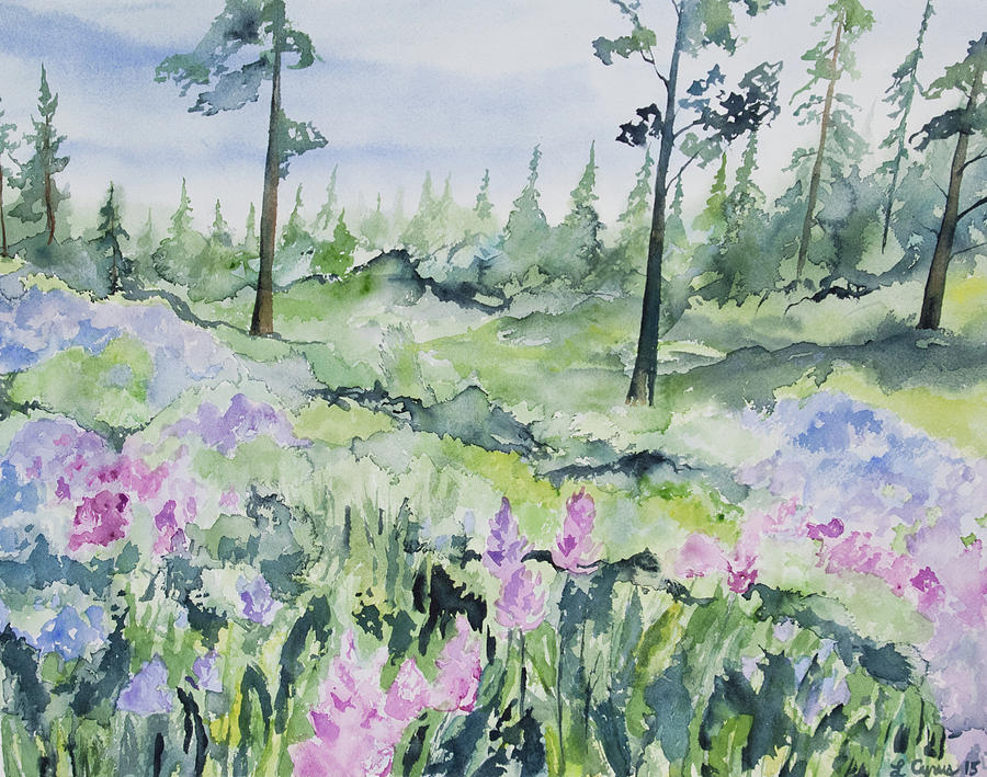 Watercolor - Wildflowers and Pines Painting by Cascade Colors