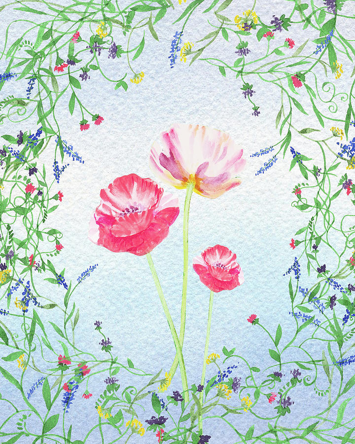 Watercolor Wildflowers And Pink Poppies Painting by Irina Sztukowski