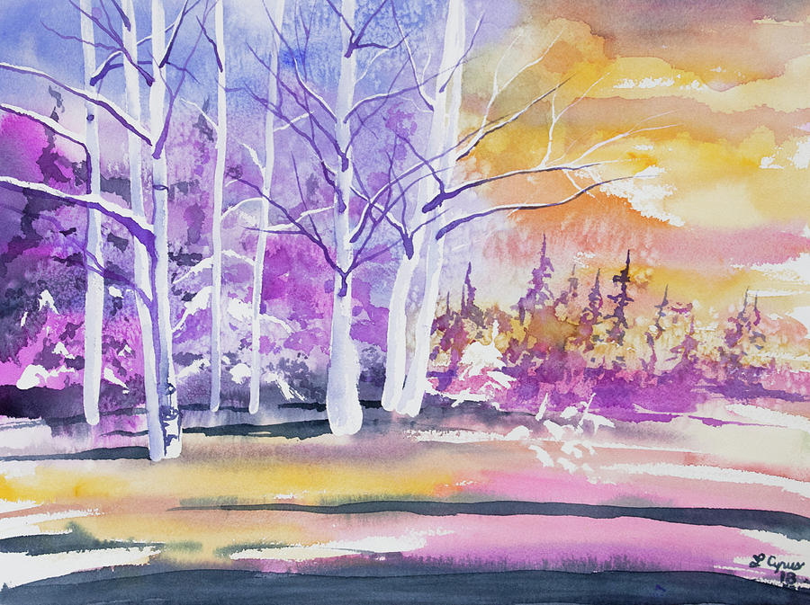 Watercolor - Winter Aspen Sunrise Painting by Cascade Colors