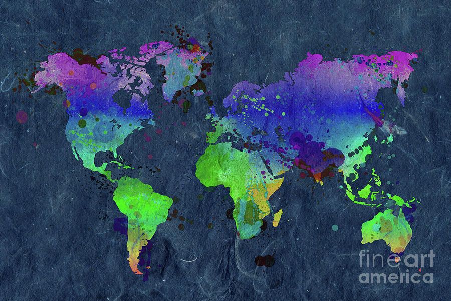 Watercolor world map blue Painting by Delphimages Map Creations