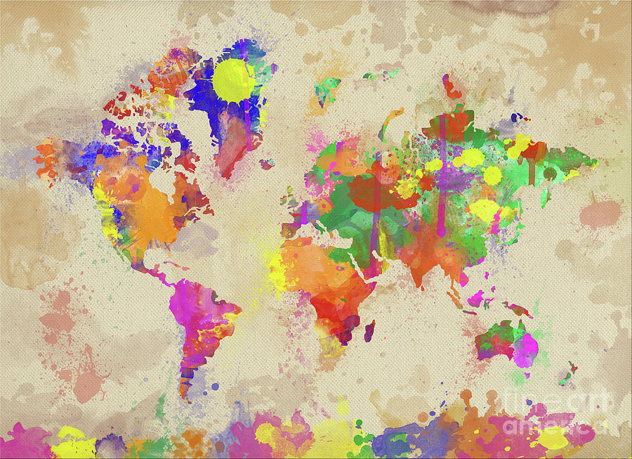 Watercolor World Map On Old Canvas Digital Art