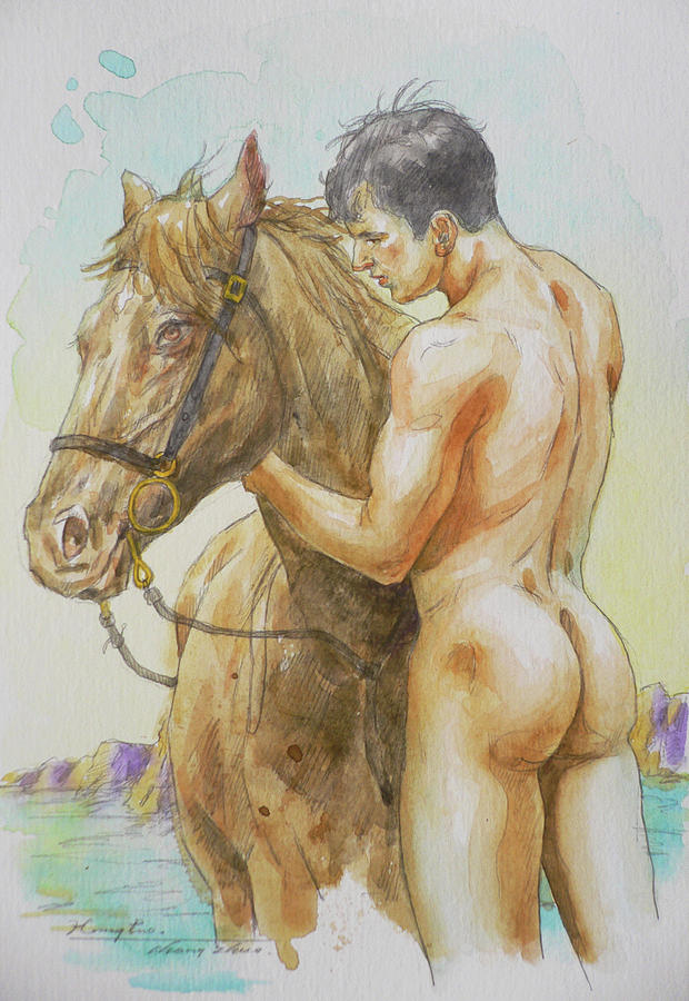 Watercolour Male Nude And Horse#18085 Painting by Hongtao Huang