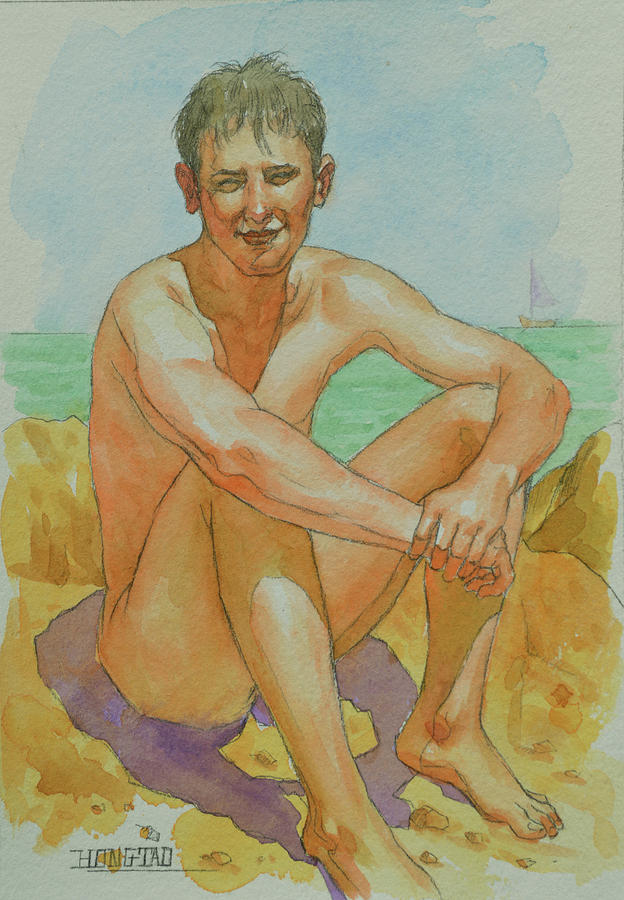 Watercolour Male Nude -seaside #18066 Painting by Hongtao Huang