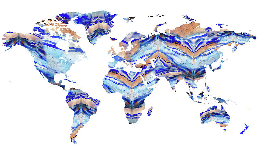 Watercolour Map Of The World Blue Painting by Irina Sztukowski