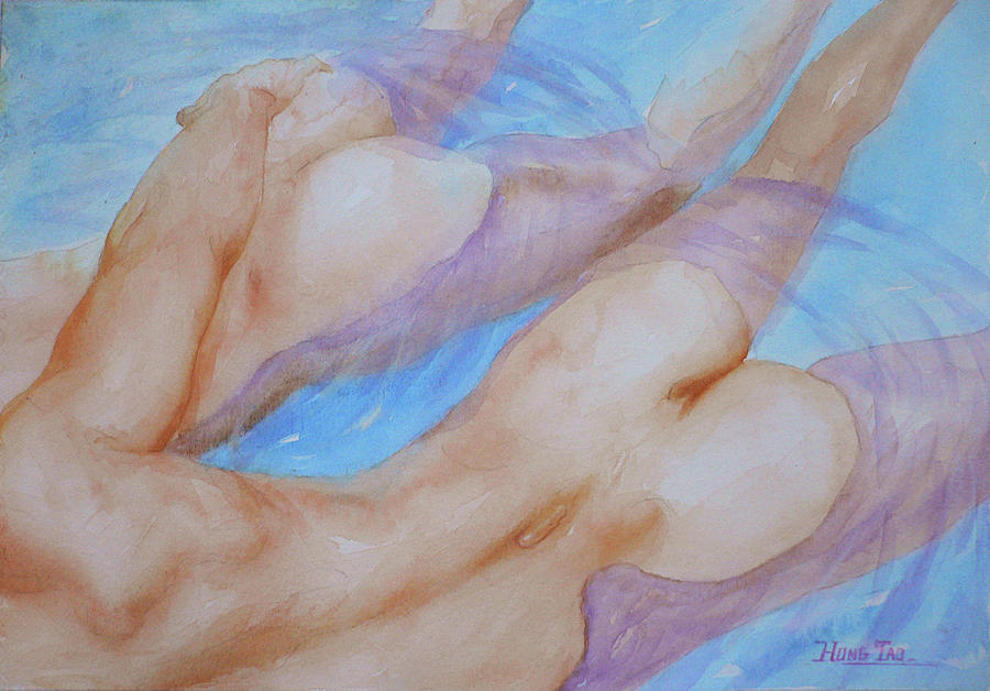 Watercolour Painting Gay Interest Men In Swimming Pool #16-12-21 Painting by Hongtao Huang