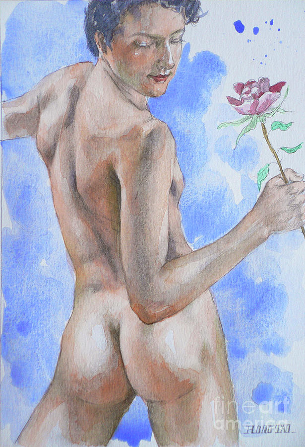 Watercolour Painting Male Nude And Rose #1793 Painting by Hongtao Huang