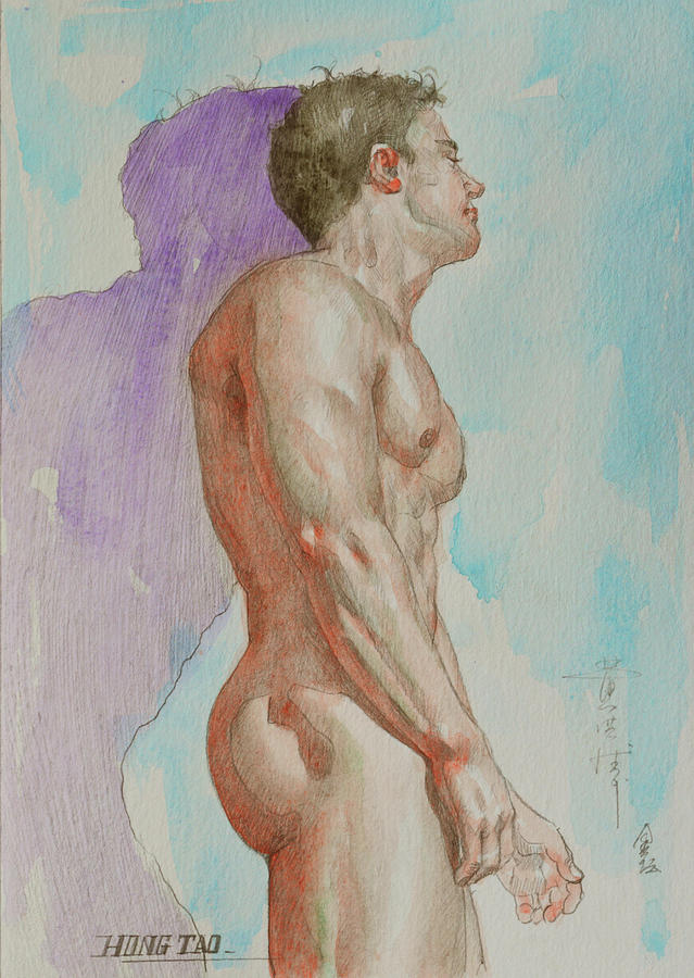 Watercolour painting male nude by wall #17104 Painting by Hongtao Huang