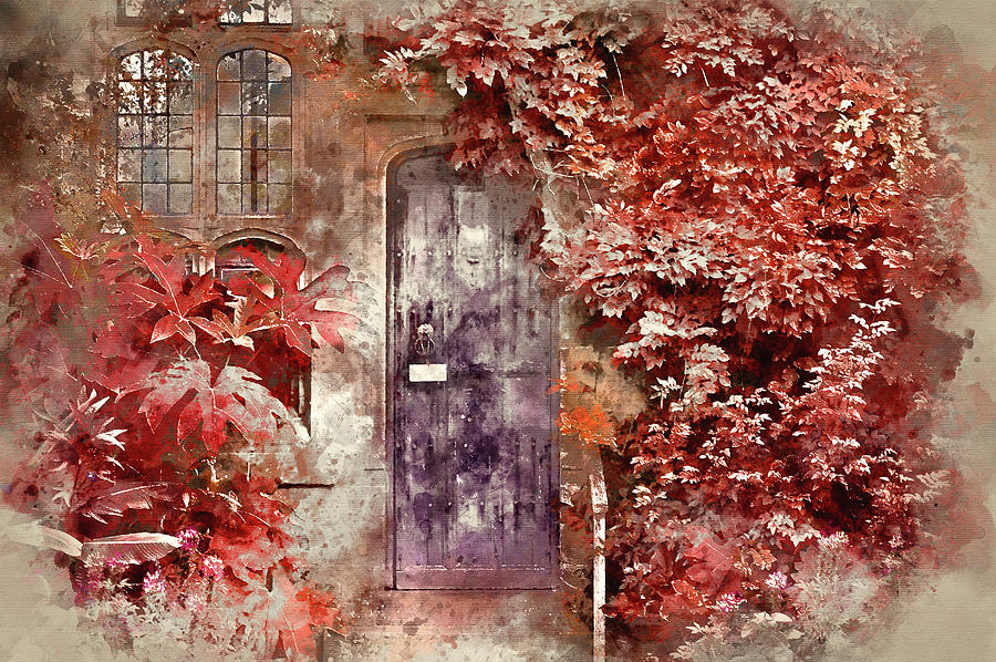 Watercolour Painting Of Old Wooden Door Of Stone House With Alte