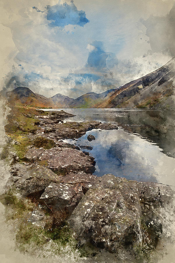 Summer Photograph - Watercolour painting of Stunning landscape of Wast Water and Lak by Matthew Gibson
