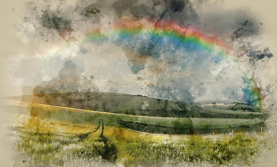 Rainbow landscape watercolor