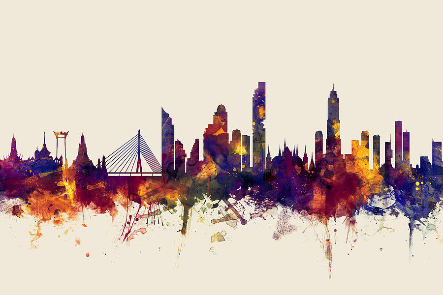 Skyline Digital Art - watercolour, watercolor, urban,  Bangkok, Bangkok skyline, bangkok cityscape, city skyline, thailand by Michael Tompsett