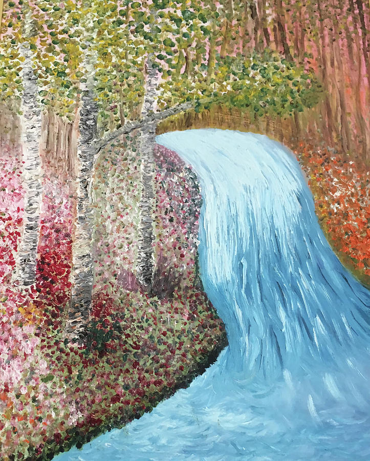 Waterfall and the 3 Birch Trees Painting by Susan Grunin