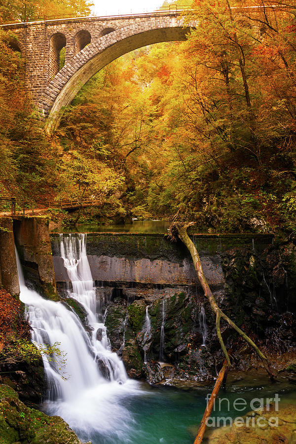 Fall Photograph - Waterfall in an autumn canyon by IPics Photography