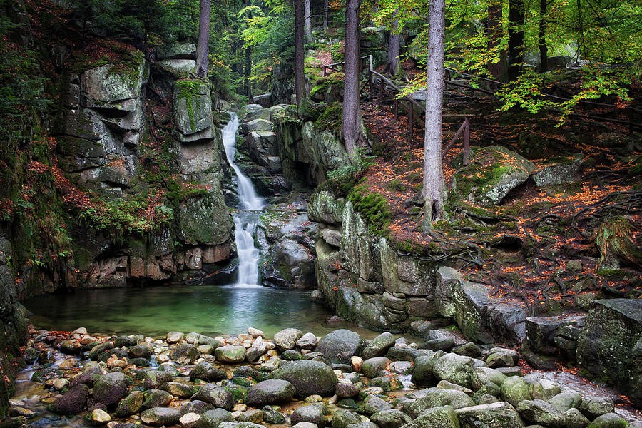 Waterfall in Autumn Forest of Karkonosze Mountains Photograph by Artur Bogacki
