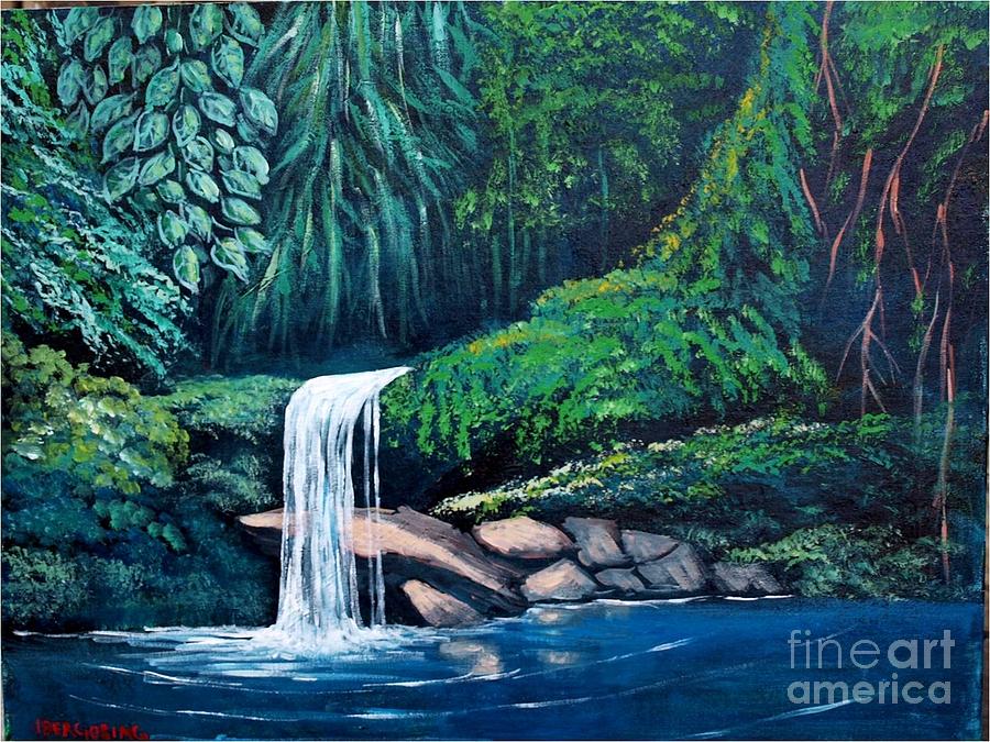 Waterfall in the forest Painting by Jean Pierre Bergoeing