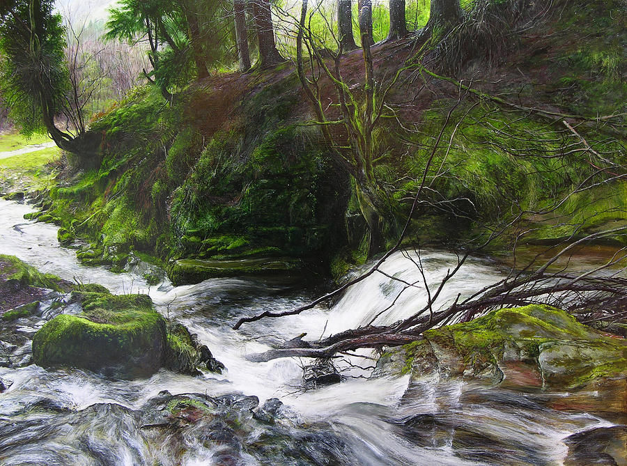 Waterfall near Tallybont-on-Usk Wales Painting by Harry Robertson
