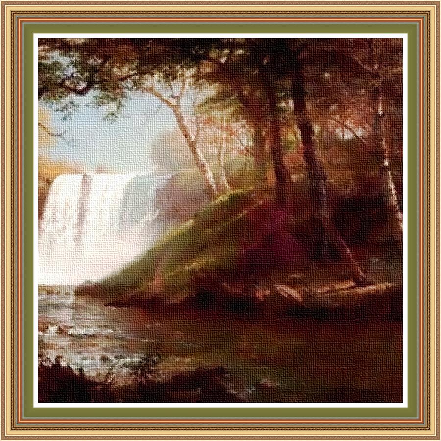 Waterfall Scene - In The Old Classic Style. H B With Decorative Ornate Printed Frame. Painting