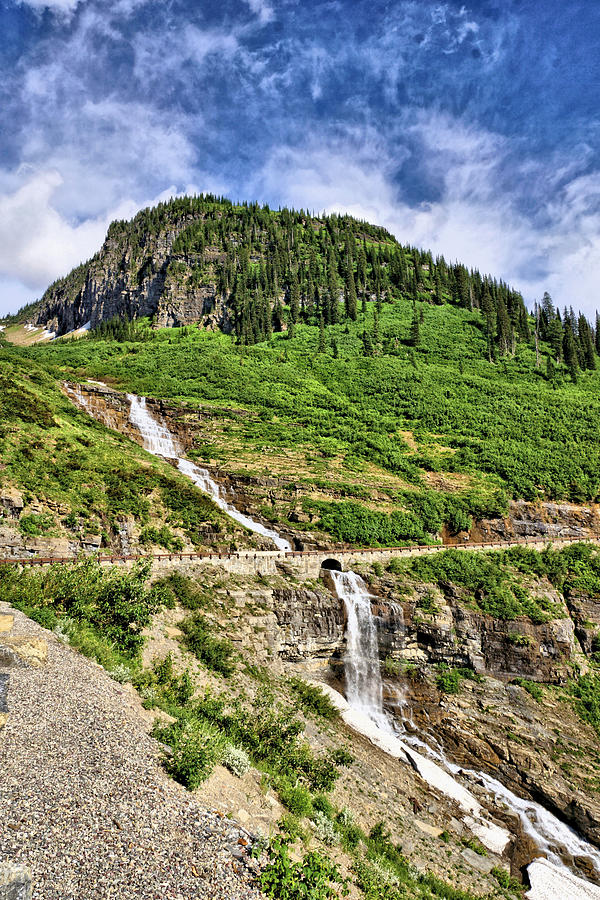 Glacier National Park Photograph - Waterfalls and a Mountain by John Trommer