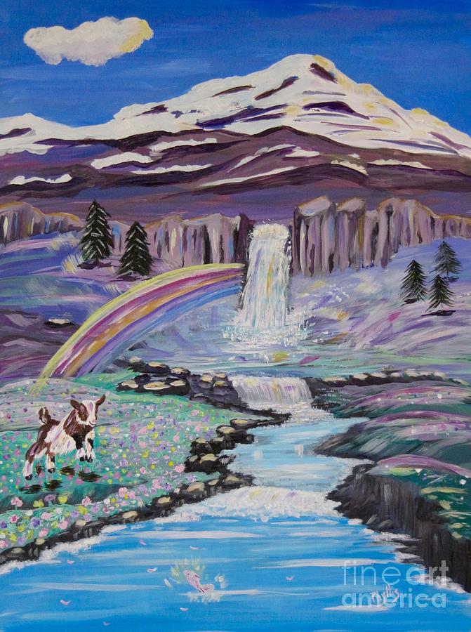 Waterfalls Rainbows and a Silly Goat Painting by Phyllis Kaltenbach
