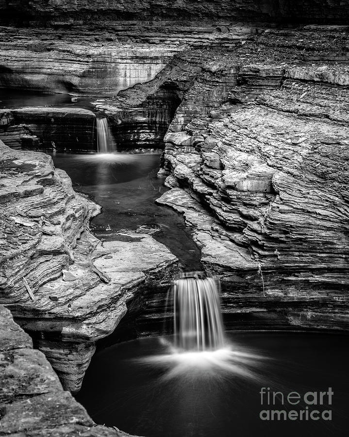 Black And White Photograph - Waterfalls Watkins Glen State Park New York by Edward Fielding