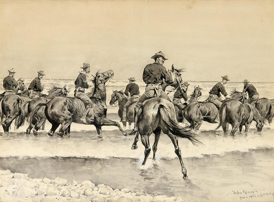 Watering the Texas Horses of the Third Cavalry in Lake Michigan Drawing by Frederic Remington