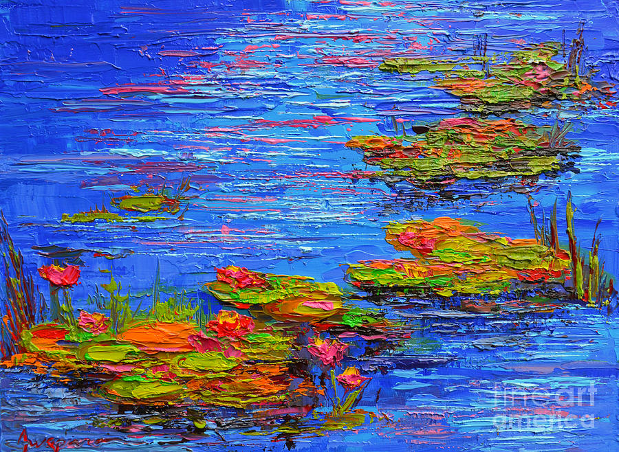 Waterlily Pond - Lily Pads in a Morning Light - Modern Impressionist Knife Palette Oil Painting Painting by Patricia Awapara