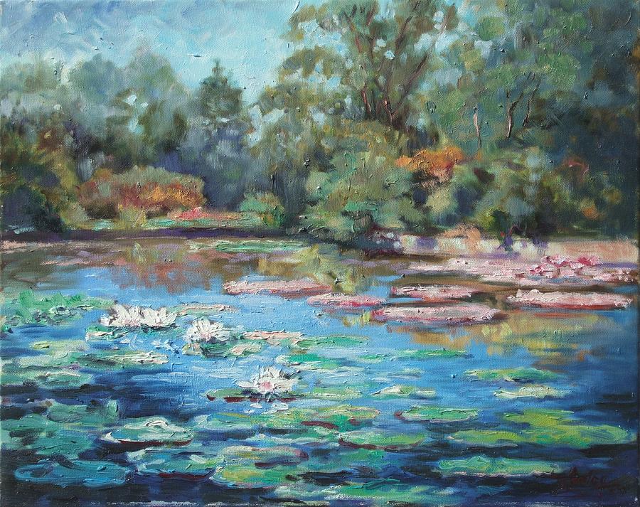 Waterlilies pond in Tower Grove Park Painting by Irek Szelag