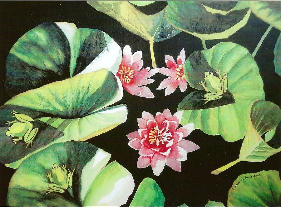 Waterlilies with Frogs Painting by Laurie Anderson