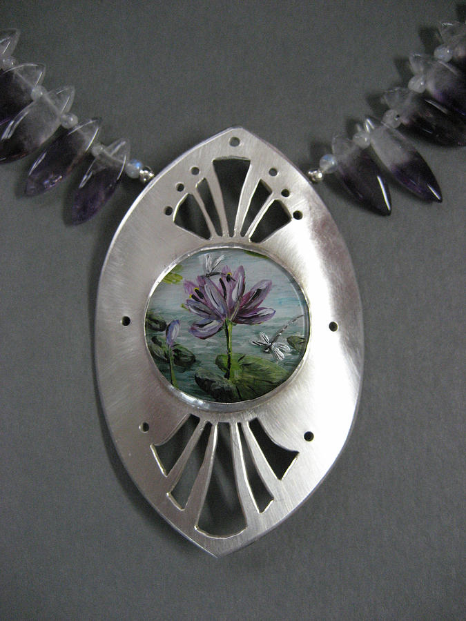 Nature Jewelry - Waterlily and Dragonflies Necklace by Brenda Berdnik