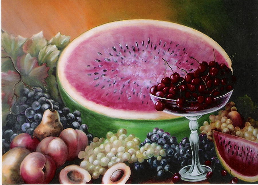 Watermelon and fruit still life Painting by Patricia Rachidi