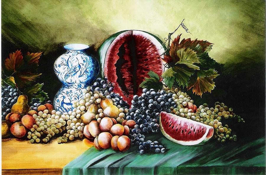 Watermelon with Blue Delft Jar Painting by Patricia Rachidi