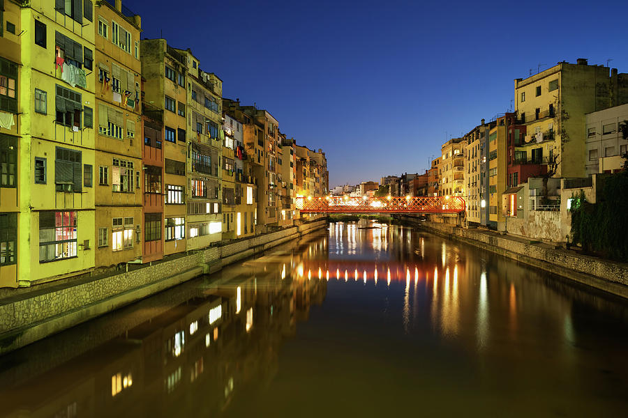 Waterside Houses in City of Girona at Night Photograph by Artur Bogacki