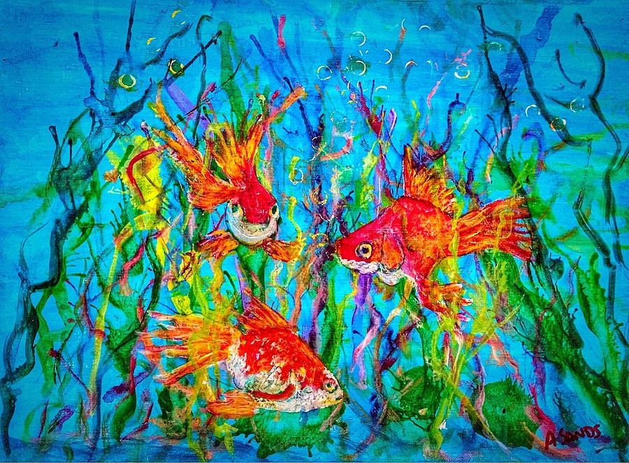 Gold Fish Painting - Watery Wonderland by Anne Sands