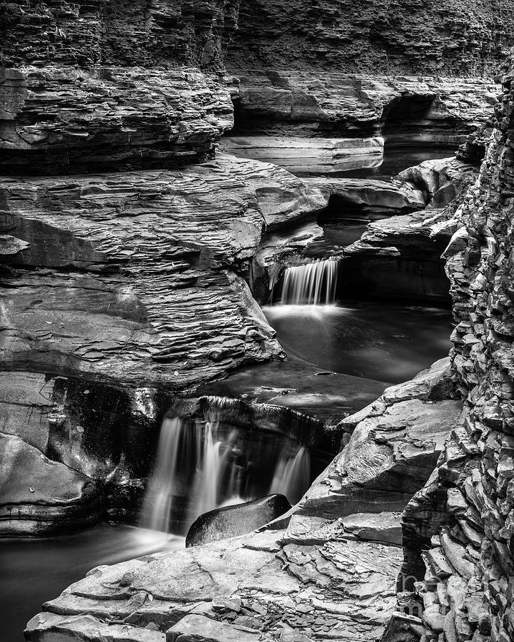 Watkins Glen Gorge Waterfall Black and White Photograph by Edward Fielding